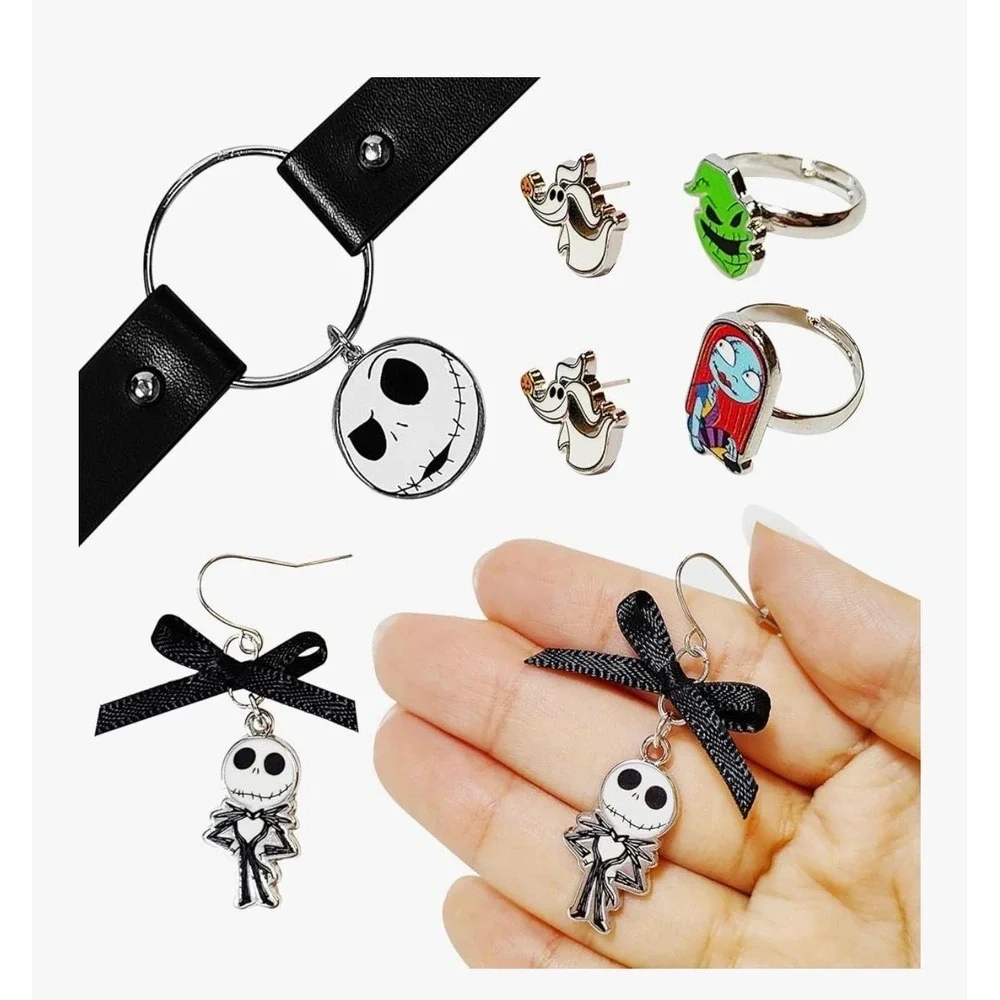 112.-     Nightmare Before Christmas Drop Earrings, Choker, rings, and studs
